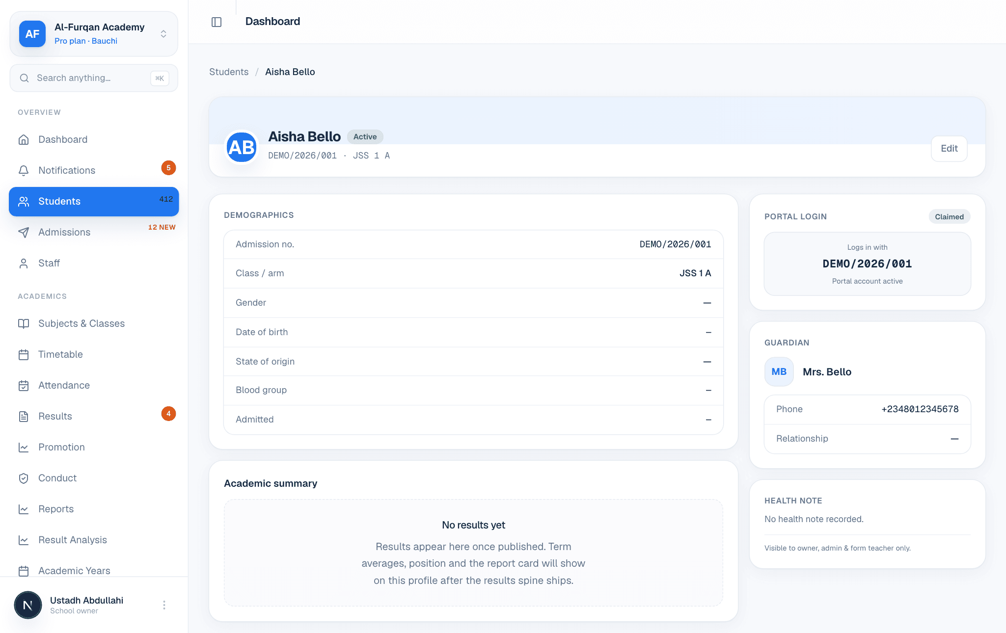 A single student's profile with their results and details.